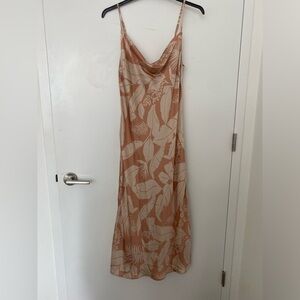 NWT Pink Palm Print Cowl Neck Satin Midi Dress